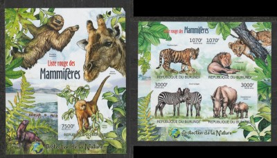 Burundi 2012 - Mamifere in Pericol de Extinctie S/S 1v + M/S 1v NEDANTELATE MNH foto