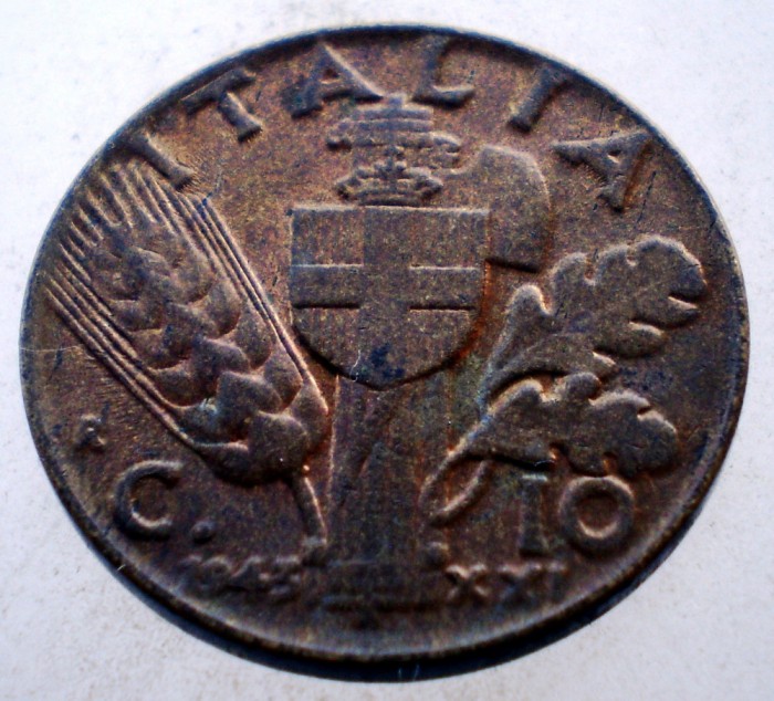 1.735 ITALIA WWII VITTORIO EMANUELE III 10 CENTESIMI 1943 R XF/AUNC