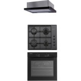 Pachet incorporabil cuptor electric, plita gaz si hota telescopica front sticla neagra, City Black Studio Casa, 56 l, Clasa energetica A, 6 functii, 4
