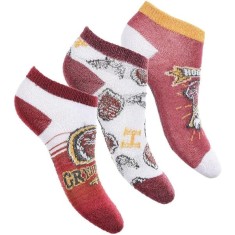Set de 3 perechi de sosete cu tematica Harry Potter, Hogwarts Slytherin cu bumbac, poliester si poliamida, marimea 27-30, alb si rosu, pentru fete sau