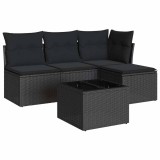 Set mobilier de gradina cu perne, 5 piese, negru, poliratan