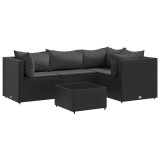 Cumpara ieftin Set sezlonguri de gradina, 5 piese, cu perne, negru, poliratan