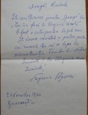 Scrisoare de felicitare scrisa de Eugenia Popovici catre Radu Beligan, 1970 foto