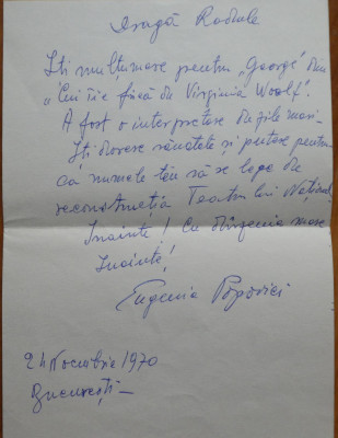 Scrisoare de felicitare scrisa de Eugenia Popovici catre Radu Beligan , 1970 foto