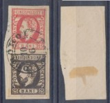 ROMANIA 1871 Carol cu barba timbre 15 Bani &amp; 25 Bani pe fragment de plic, francatura rara cu stampila Dorohoi, Stampilat