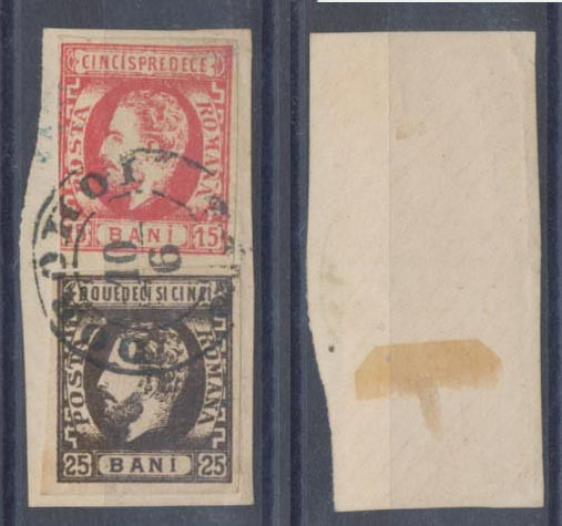 ROMANIA 1871 Carol cu barba 15 Bani &amp; 25 Bani fragment de plic stampila Dorohoi