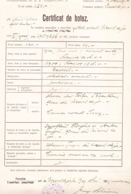AMS - CERTIFICAT DE BOTEZ COM. VICOVUL DE JOS, RADAUTI 1919 foto