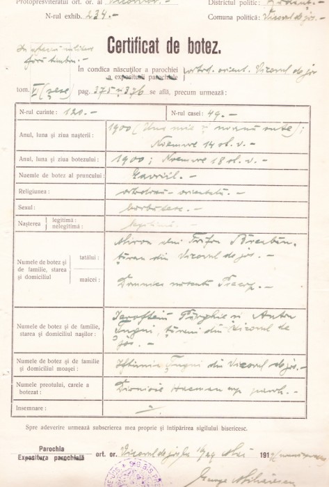AMS - CERTIFICAT DE BOTEZ COM. VICOVUL DE JOS, RADAUTI 1919