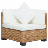 Canapea de colt ratan natural vidaXL, perne incluse, 66x69x62cm, maro/crem, lemn masiv mahon/mango, interior/exterior