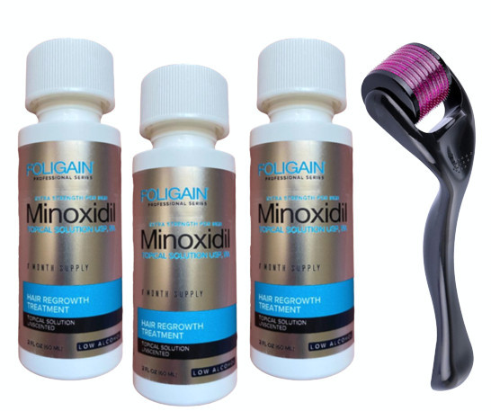 Minoxidil Foligain 5%, 3 Luni Aplicare, Cantitate de Alcool redusa +Dermaroller, Tratament Pentru Barba / Scalp