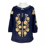 Cumpara ieftin Bluza albastra cu motiv floral auriu - BMG132