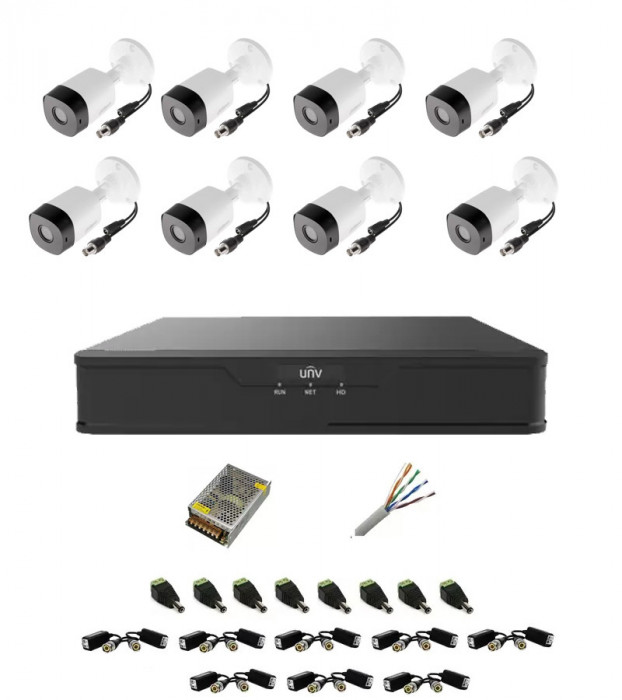 Sistem complet 8 camere supraveghere exterior FULL HD 20 m IR, DVR 8 canale, accesorii SafetyGuard Surveillance