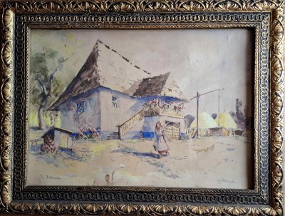Dimitrie Szilaghi-Casă cu cerdac din R&amp;acirc;mnicu V&amp;acirc;lcea, acuarelă interbelică foto