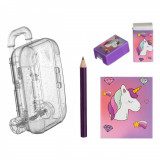 Set școală, Valiză Troler Transparentă, Unicorn, 4 Bucăți, Plastic, Oem