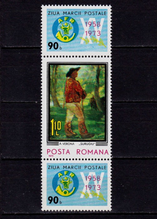 ✅RO 1973 , LP 834 ,&quot; Ziua marcii postale romanesti&quot; , serie cu doua viniete AFR ‼️ ,MNH