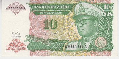 B11 5 - Bancnota foarte veche - Zair - 10 zaires - 1993 foto