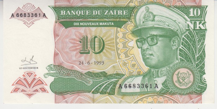 B11 5 - Bancnota foarte veche - Zair - 10 zaires - 1993