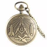 Ceas de buzunar vintage, JustZEN&trade; Masonic, cu lant, auriu, Quartz, cu baterie