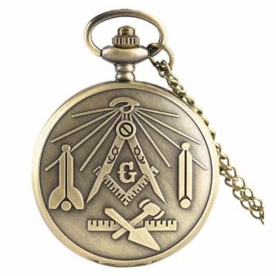 Ceas de buzunar vintage, JustZEN&amp;trade; Masonic, cu lant, auriu, Quartz, cu baterie foto