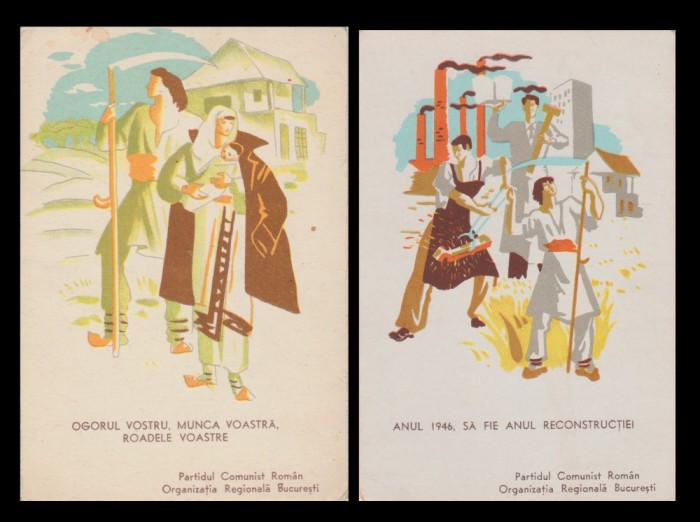 1946 Lot de 2 cartoane ilustrate de propaganda comunista editate de Partidul Comunist Rom&acirc;n, grafica Marvan