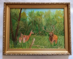 CAPRIOARE IN PADURE ,tablou pictat manual in ulei pe p&acirc;nză, 47x37cm cu rama dim lemn