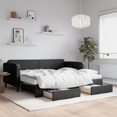 vidaXL Pat de zi cu extensie și sertare, negru, 90x190cm, textil foto