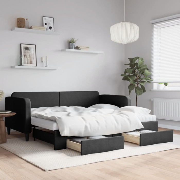 vidaXL Pat de zi cu extensie și sertare, negru, 90x190cm, textil