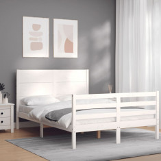 Cadru de pat cu tablie, dublu, alb, lemn masiv foto