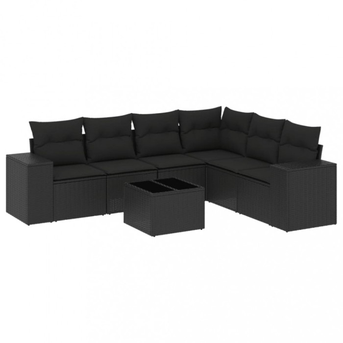 Set canapele de gradina cu perne, 7 piese, negru, poliratan