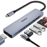 Hub USB-C Benfei, 3 x USB-A 3.0 - 1 x USB-C - 1 x HDMI - 1 x SD - 1 x microSD, Gri