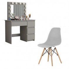 Masa de toaleta/machiaj + Scaun stil scandinav, gri, cu oglinda si LED-uri, 94x43x141 cm foto