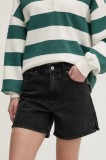 Abercrombie &amp; Fitch pantaloni scurti jeans femei, culoarea negru, neted, high waist, KI149-5012