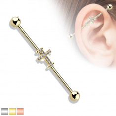 Piercing ureche, din oțel inoxidabil – stâlp finisat cu bile, împodobit cu cruce cu cristale - Culoare: Auriu