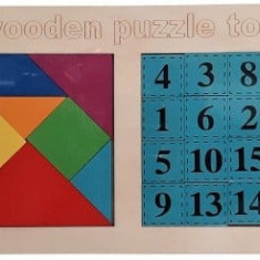 Puzzle lemn educativ numere si tangram,30x17.4x0.8cm