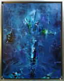 Pictura inramata de colectie Vas cu flori abstract nuante albastre semnat Kloska, Natura statica, Acrilic