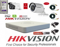 Kit 2 camere supraveghere Turbo HD HikVision + DVR 4 canale HDTVI Turbo HD HikVision + Surse + Cablu sertizat + HDD 500GB foto