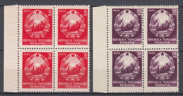 ROMANIA 1953 LP 339 UZUALE STEMA R.P.R.(CU STEA) BLOCURI DE 4 TIMBRE MNH