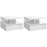 HOMCOM Set de 2 Noptiere Suspendate cu Raft Superior, Design Modern, Lemn, Alb Lucios, 35x32x22.5cm | Aosom Romania