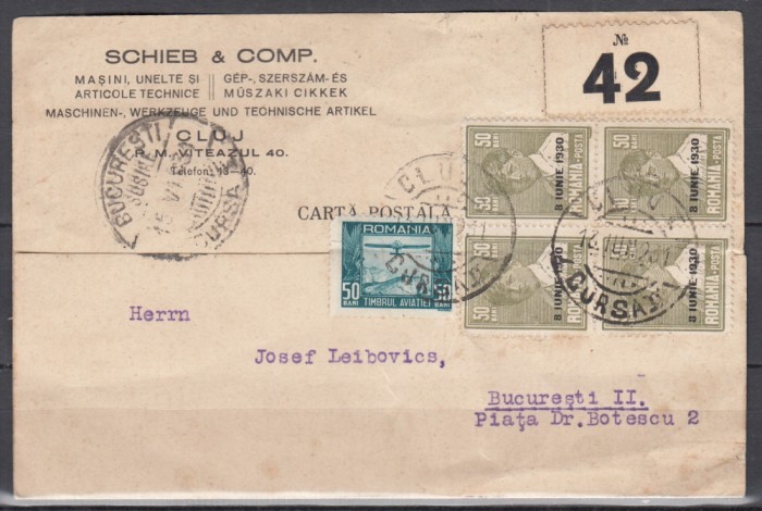 ROMANIA 1930 LP 83 j 50 BANI BLOC DE 4 TIMBE+TIMBRUL AVIATIEI REGELE MIHAI I SUPRATIPAR 8 IUNIE 1930 /CARTE POSTALA CIRCULAT CLUJ-BUCURESTI 1931