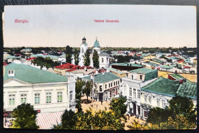 Giurgiu 1923 - Vedere generala - printata, rezolutie foarte buna, color, circulata la Cluj, 2 timbre intacte, Editura David Stern