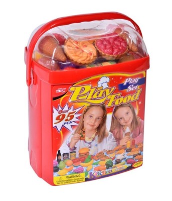 Cutie mare din plastic cu 95 de articole care imita mancarea din supermarket, conserve, prajituri, sosuri, multicolor, 3 ani + foto