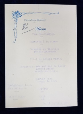 RESTAURANT CHATEAUBRIAND BOULEVARD , MENIU , 19 IANUARIE , 1930 foto