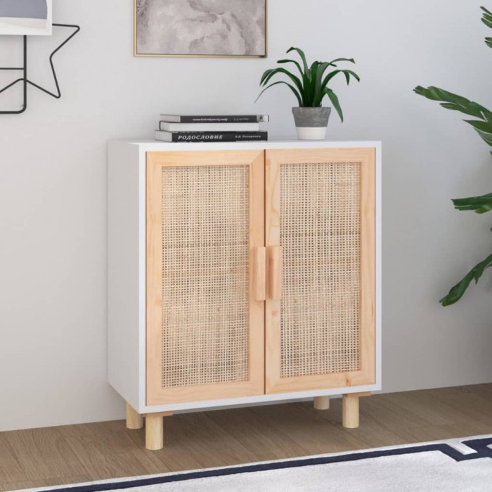 vidaXL Servantă, alb, 60x30x70 cm, lemn masiv pin și ratan natural
