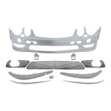 Set bara fata Mercedes Clasa E 03.2006, cu 6 gauri spalator si senzori parcare; grunduit, de vopsit; type AMG; cu grile inferioare, cu bandouri; cu 6