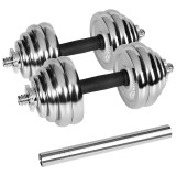 Set Gantere Reglabile 30 Kg din Fonta cu Bara pentru Haltera si 16 Discuri, Valiza pentru Transport si Culoare Argintiu