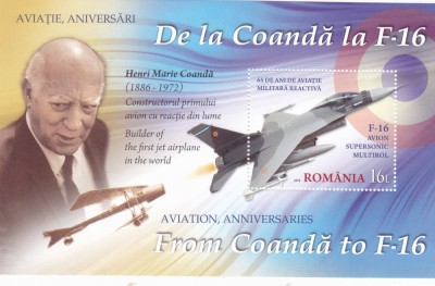 AVIATIE.DE LA COANDA LA F-16.AVIONUL SUPERSONIC,BLOC,Lp.2121a,MNH.ROMANIA. foto