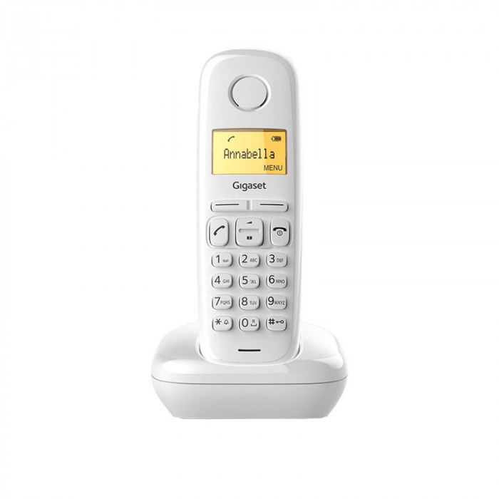 Telefon fara fir Dect Gigaset, 10 tonuri apel, volum reglabil, autonomie 18 h, functia alarma, Alb