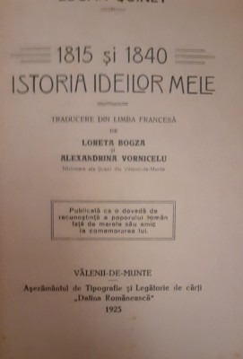 1815 SI 1840 ISTORIA IDEILOR MELE EDGAR QUINET 1927 foto