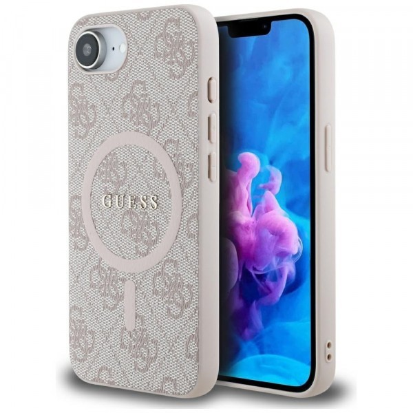 Husa MagSafe pentru Apple iPhone 16e, Guess, 4G Ring Classic Logo, Roz