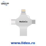 Stick de memorie metalic MaGeCa 64 GB, Multi port 4 in 1, USB 3.0/ USB Type-C/ Lightning/ Micro-USB, Compatibil iPhone/ Android, 80 MB/s viteza transf